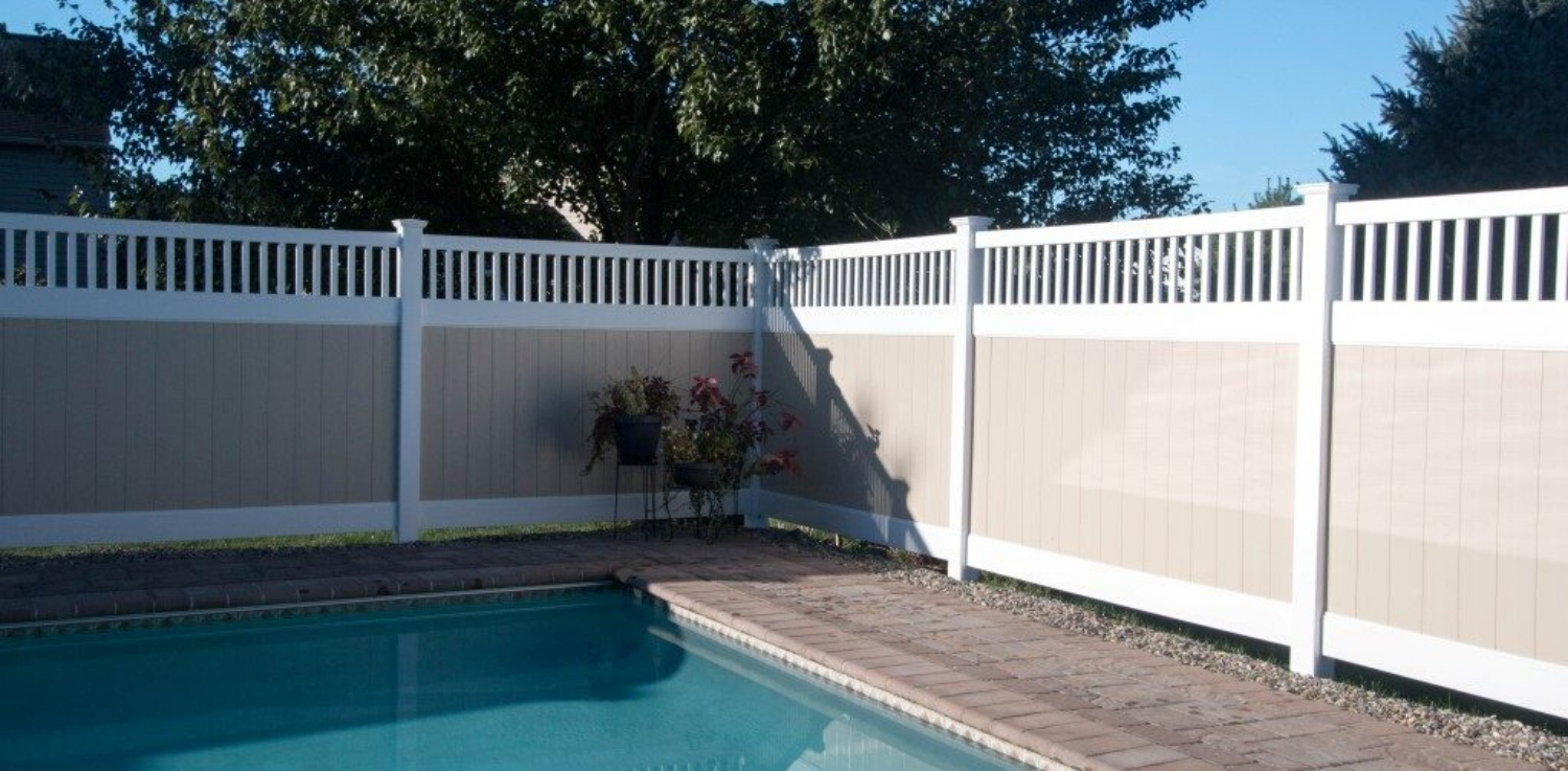 Tan PVC fence around pool